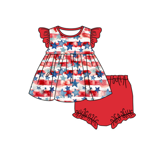 preorder GBO0361 July 4th star red striped flutter sleeve girls bummies set