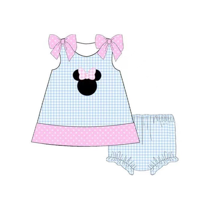 preorder GBO0366 cartoon M mouse pink sleeveless blue checkered girls bummies set