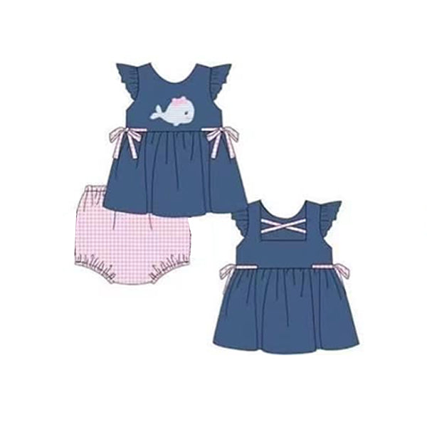 preorder GBO0371 cute whale navy flutter sleeve pink checkered girls bummies set