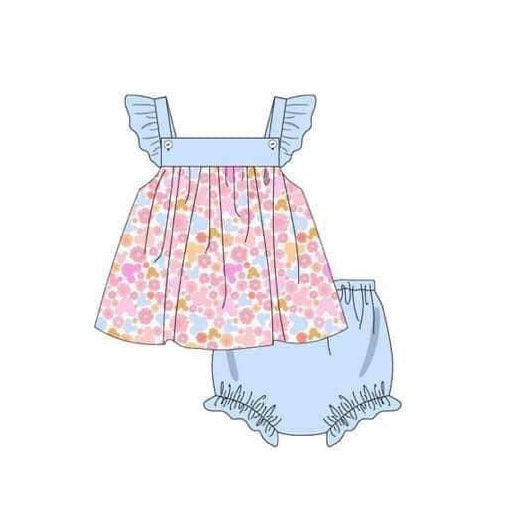 preorder GBO0377 colorful flowers flutter sleeve blue girls floral bummies set