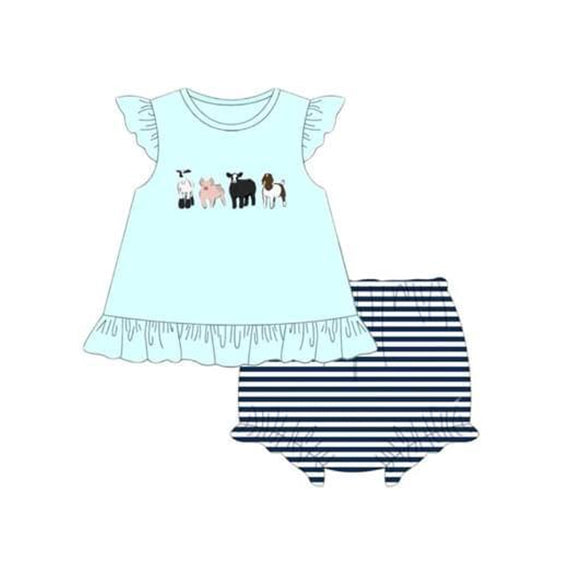 preorder GBO0384 farm homestead sky blue flutter sleeve black striped girls bummies set