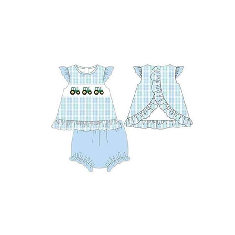 preorder GBO0385 farm tractor blue checkered flutter sleeve blue girls bummies set