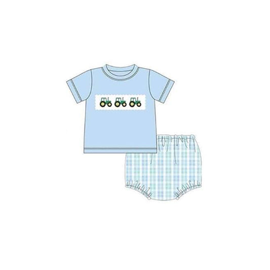 preorder GBO0386 farm tractor blue short sleeve blue checkered boys bummies set