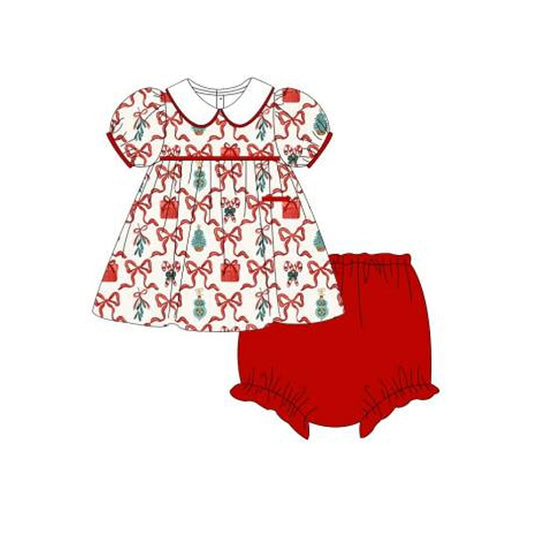 preorder GBO0401 Christmas bow cane candy short sleeve red girls bummies set