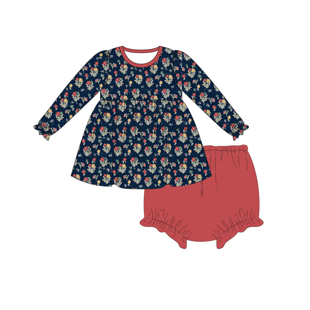 preorder GBO0407 colorful flowers navy blue long sleeve red girls bummies set