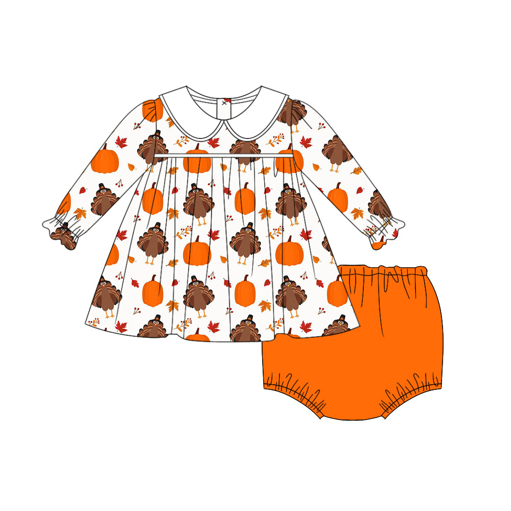 preorder GBO0409 Thanksgiving turkey pumpkin long sleeve orange girls bummies set