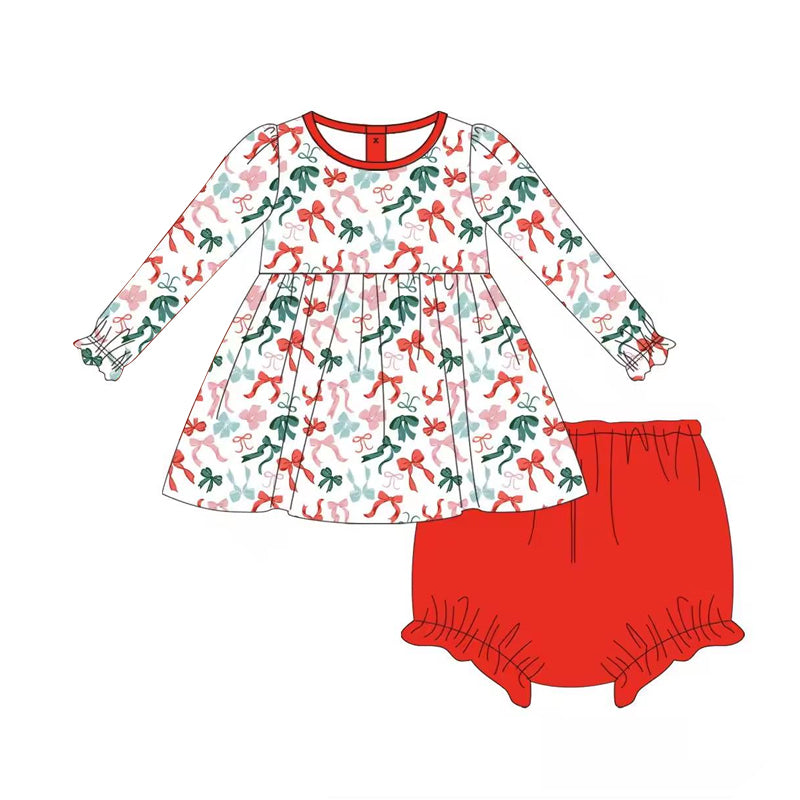 preorder GBO0410 Christmas red green bows long sleeve red girls bummies set