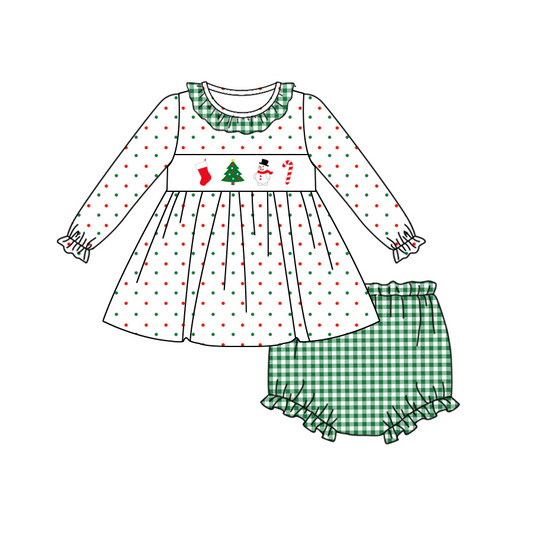preorder GBO0411 Christmas tree cane candy snowman long sleeve green checkered girls bummies set