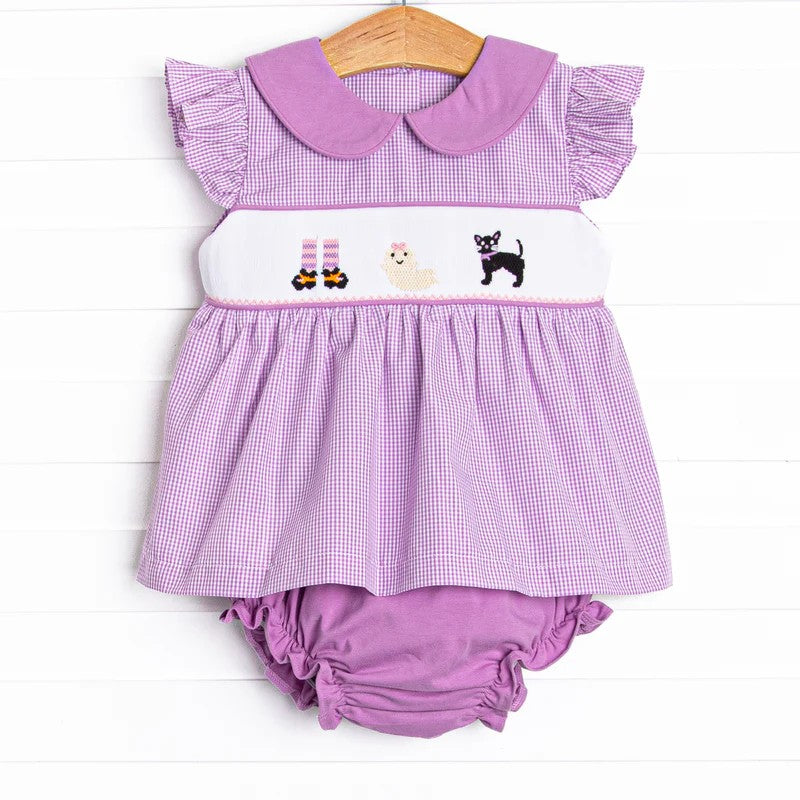 preorder GBO0415 Halloween spooky cat purple checkered flutter sleeve girls bummies set