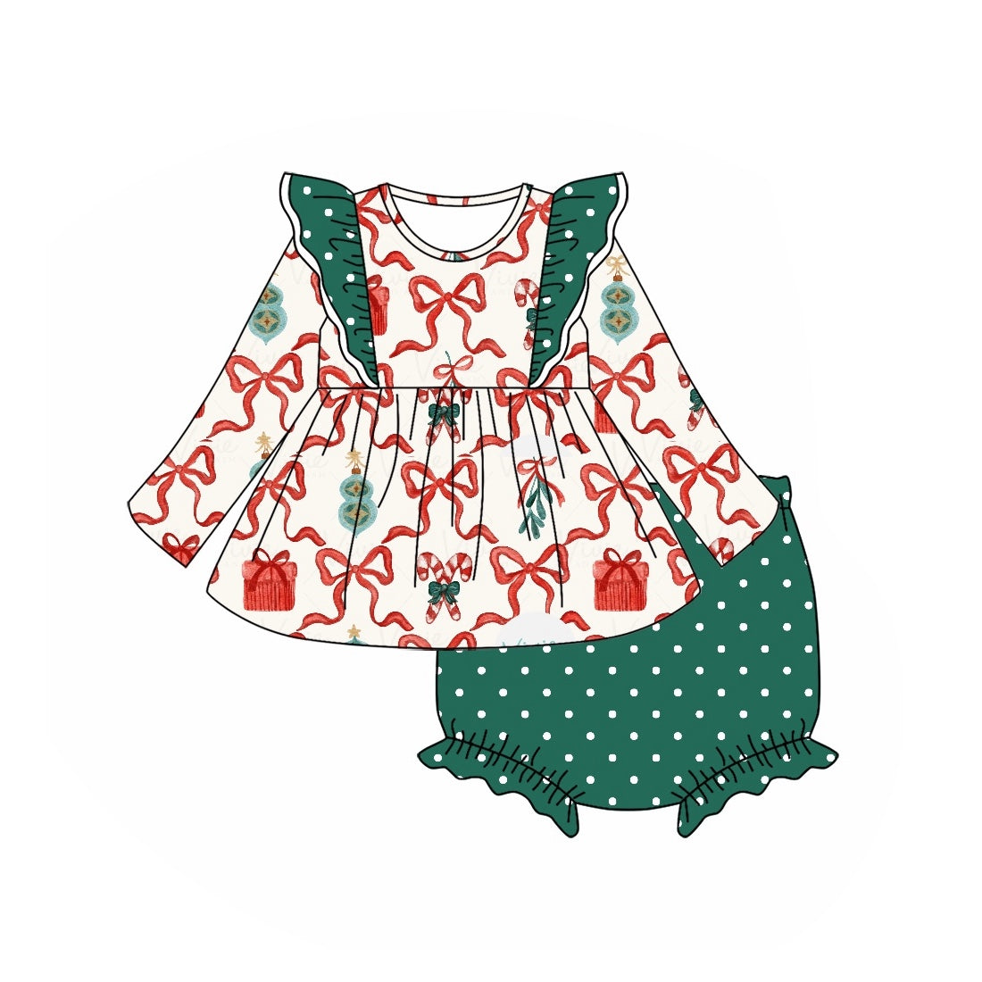 preorder GBO0418 Christmas bows cane candy long sleeve green dot girls bummies set