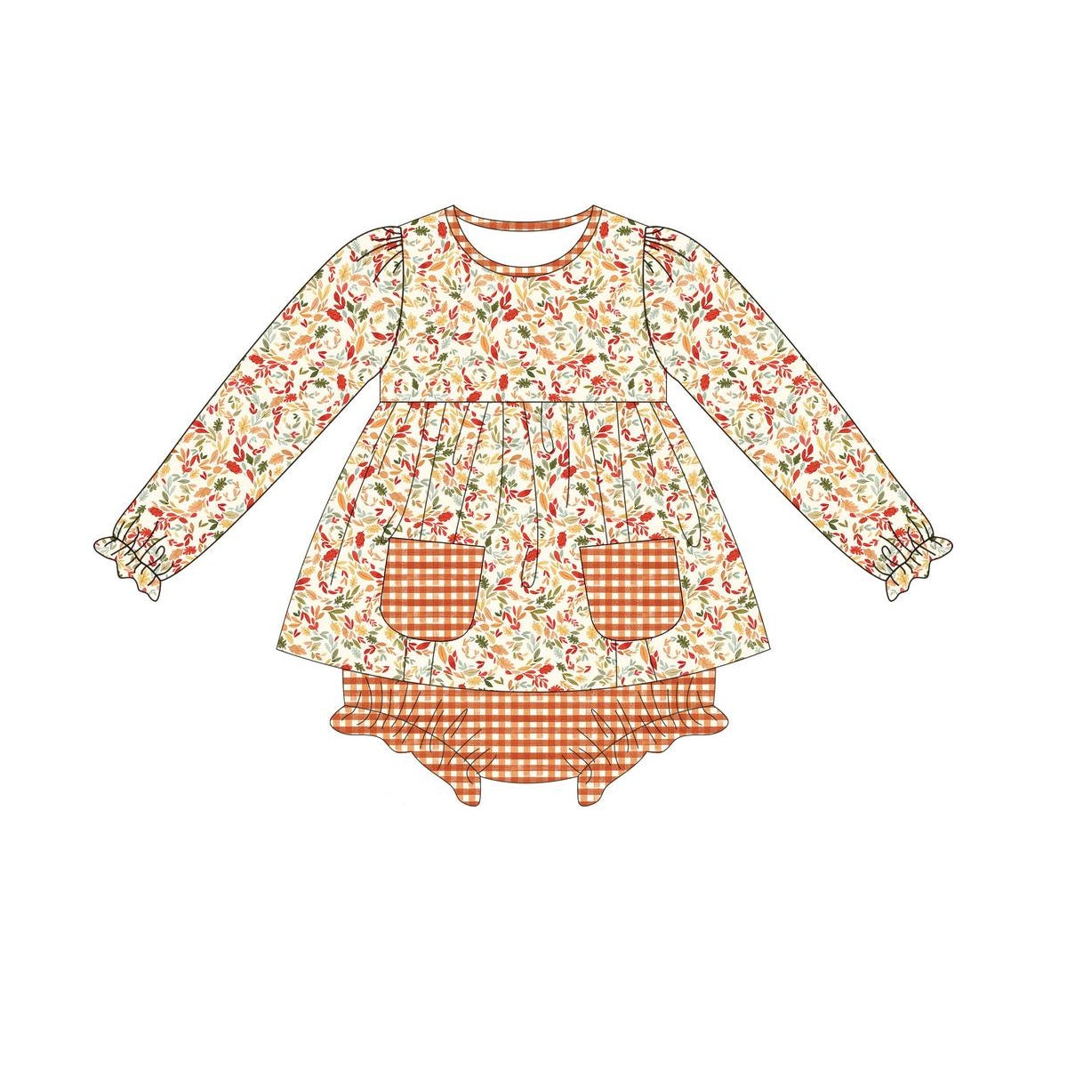preorder GBO0419 colorful flowers print pockets orange checkered long sleeve girls bummies set