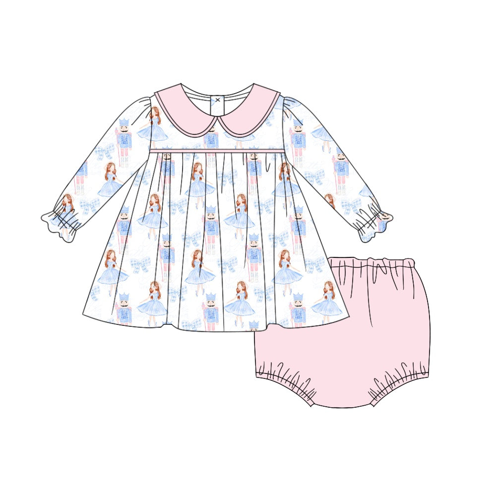 preorder GBO0422 Christmas blue bows dance girl soldier pink long sleeve girls bummies set