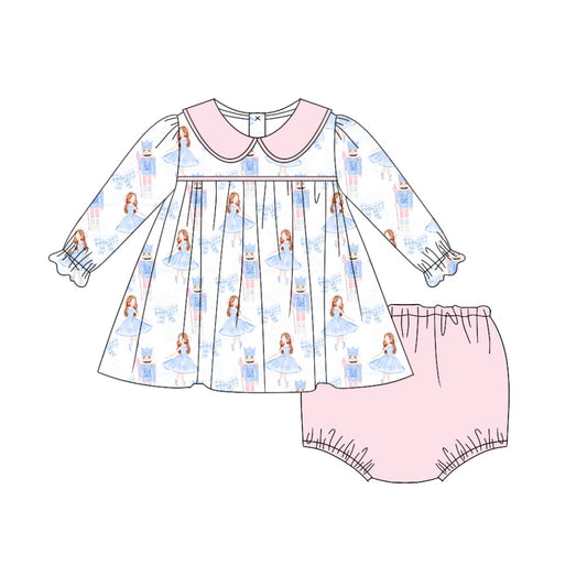preorder GBO0422 Christmas blue bows dance girl soldier pink long sleeve girls bummies set