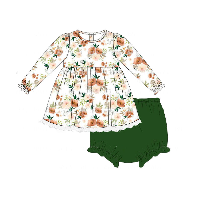 preorder GBO0425 flowers long sleeve green girls bummies set