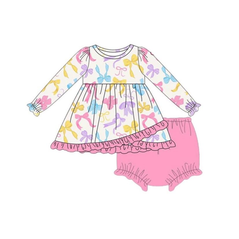 preorder GBO0428 colorful bows long sleeve pink girls bummies set