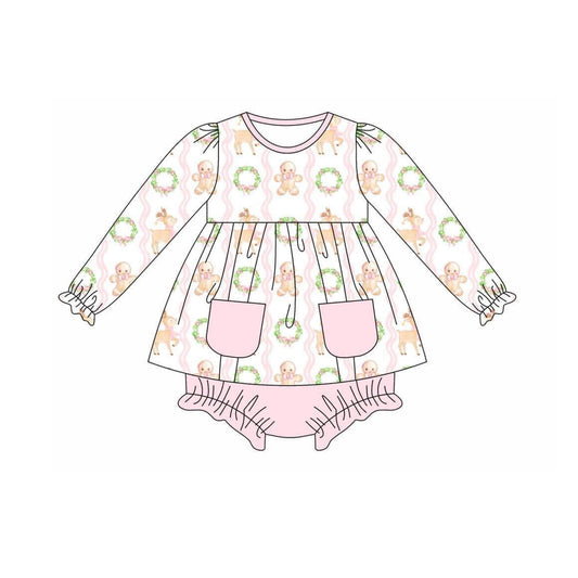 preorder GBO0432 Christmas gingerbread man deer flowers pink pockets long sleeve girls bummies set