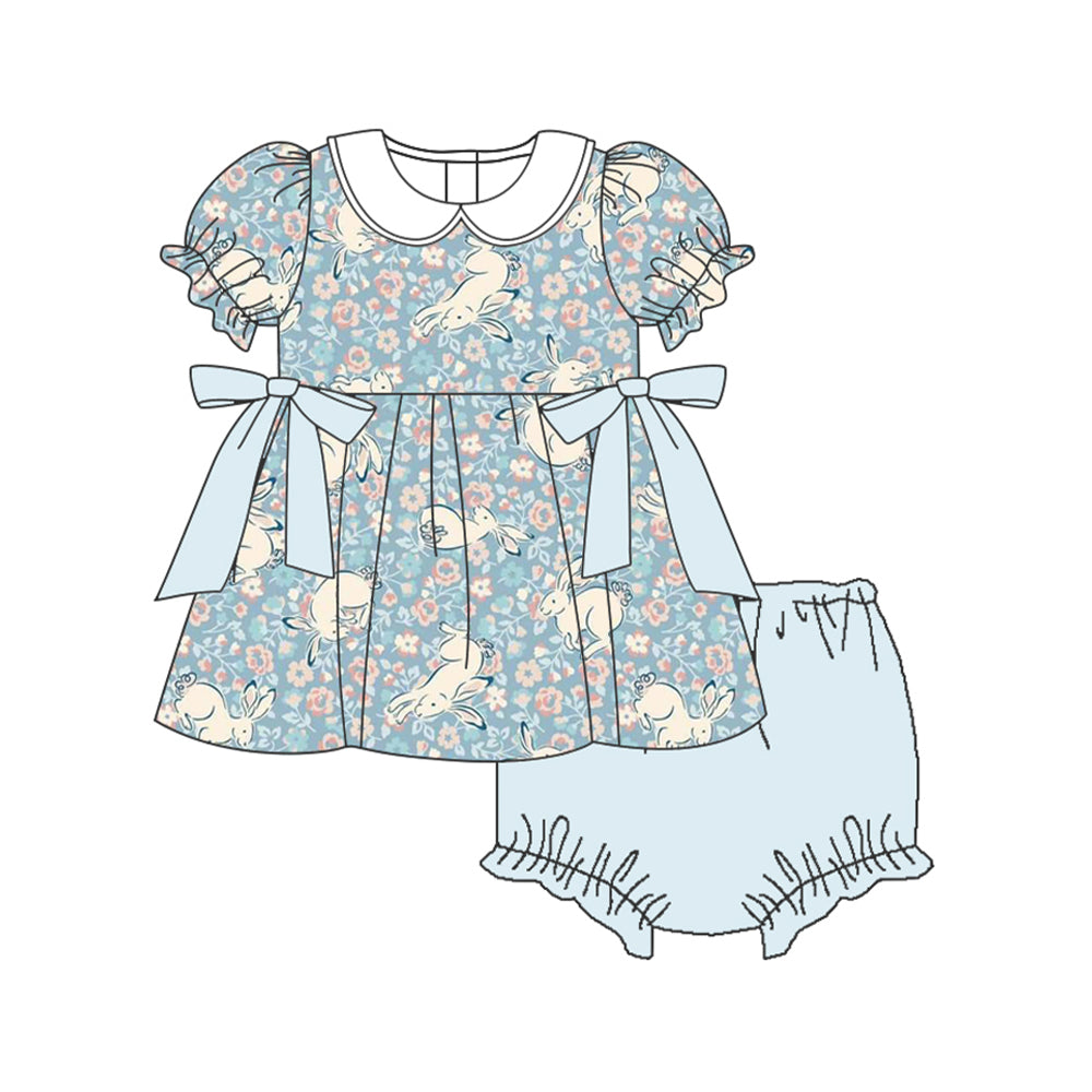 preorder GBO0444 cute bunny rabbit blue flowers girls bummies set