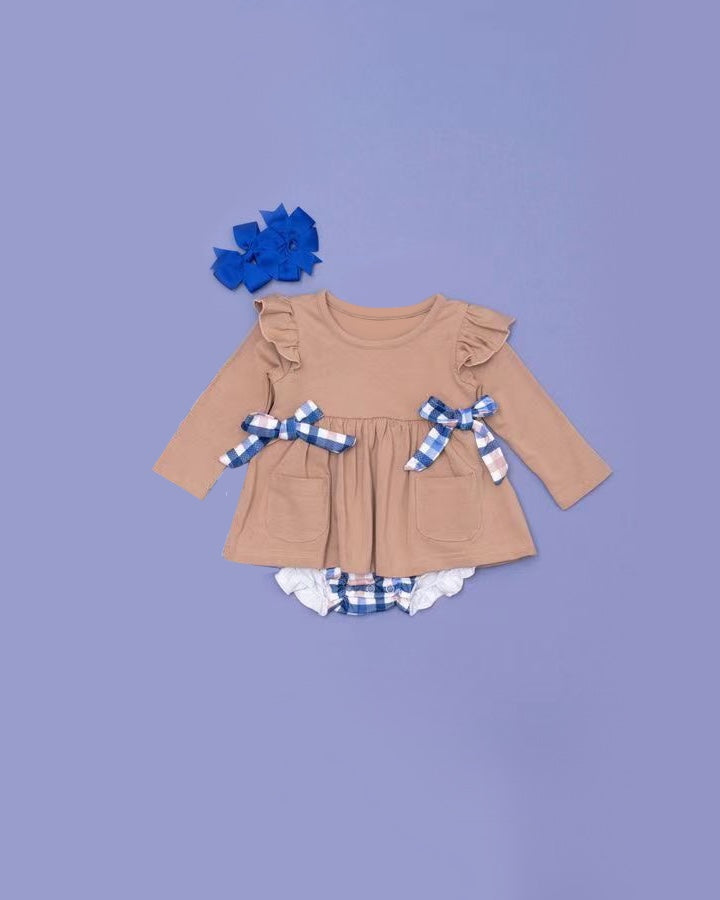 preorder GBO0445 khaki bows long sleeve blue checkered girls bummies set