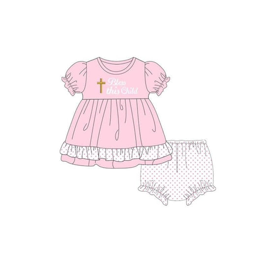 preorder GBO0454 Easter cross bless this child pink short sleeve dot girls bummies set