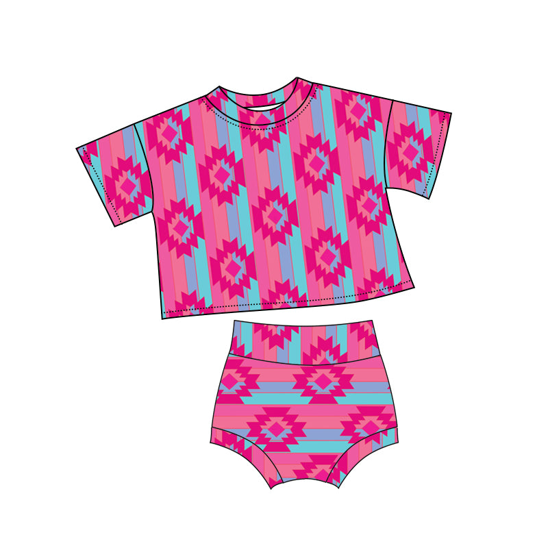 preorder GBO0457 Western Aztec Hot Pink Striped Short Sleeve Girls Bummies Set