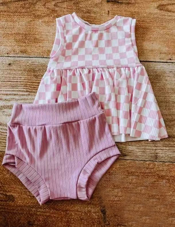 preorder GBO0471 pink checkered sleeveless girls bummies set
