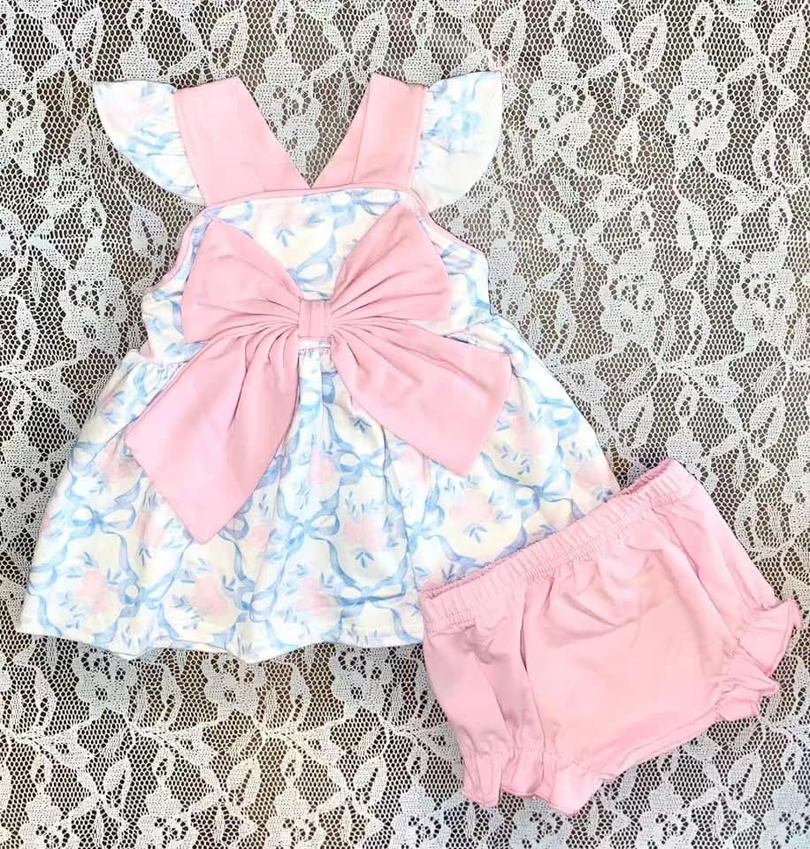 preorder GBO0473 pink flowers blue bows with bow flutter sleeve pink girls bummies set