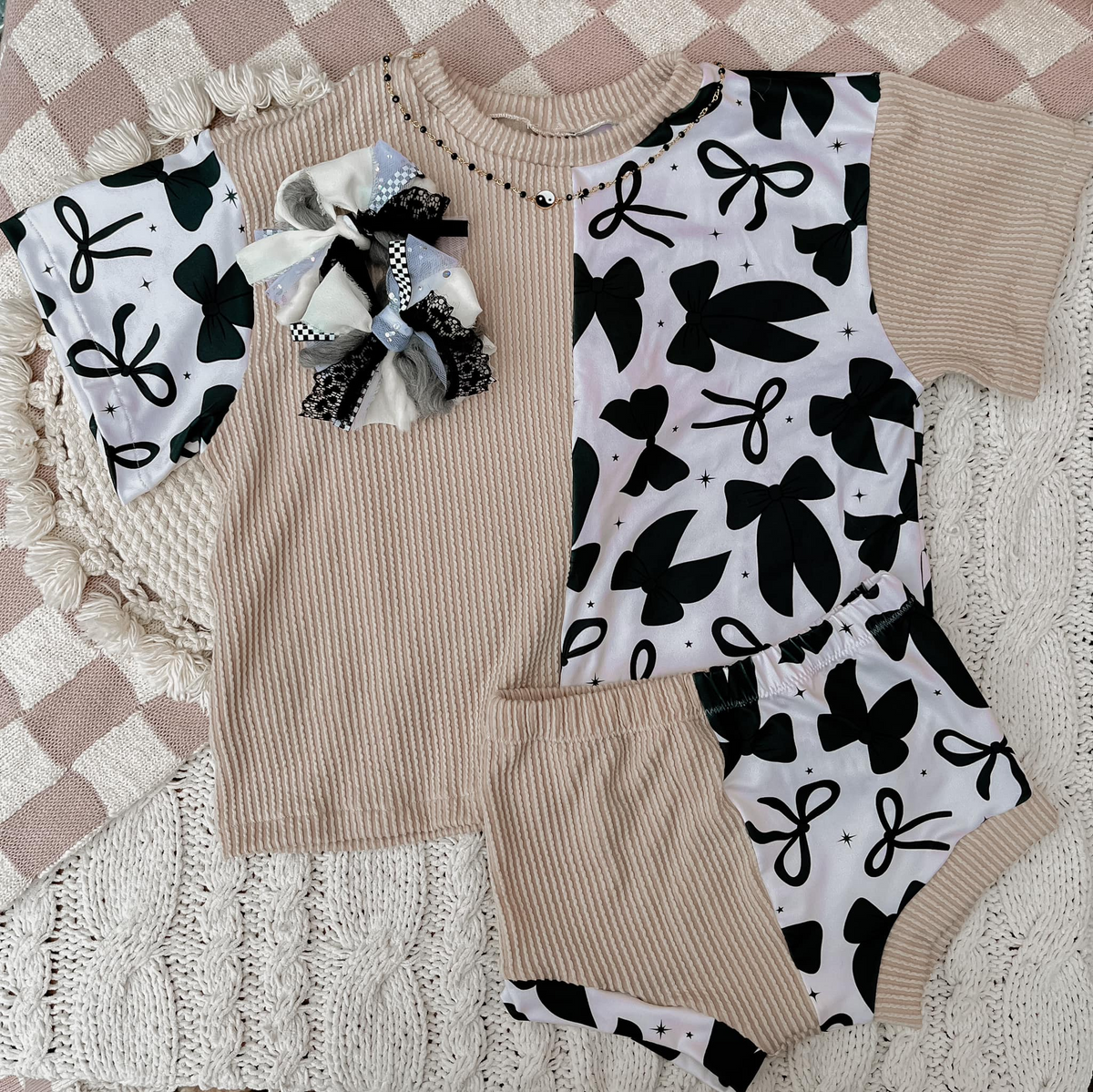 preorder GBO0474 black bows coquette bows khaki short sleeve girls bummies set