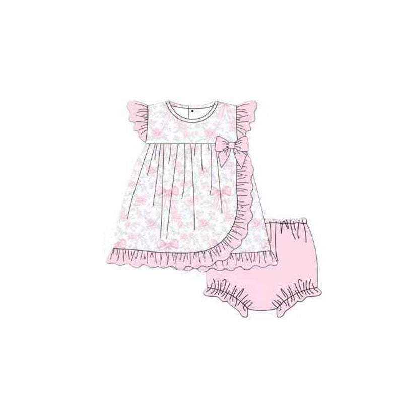 preorder GBO0483 pink bows flowers flutter sleeve girls bummies set