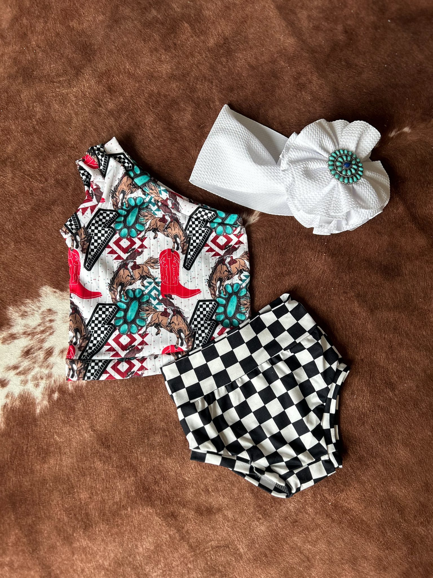 preorder GBO0485 Western Rodeo Turquoise Sleeveless Checkered Girls Bummies Set