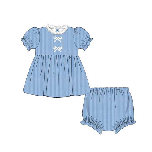 preorder GBO0486 Bows Blue Short Sleeve Girls Bummies Set