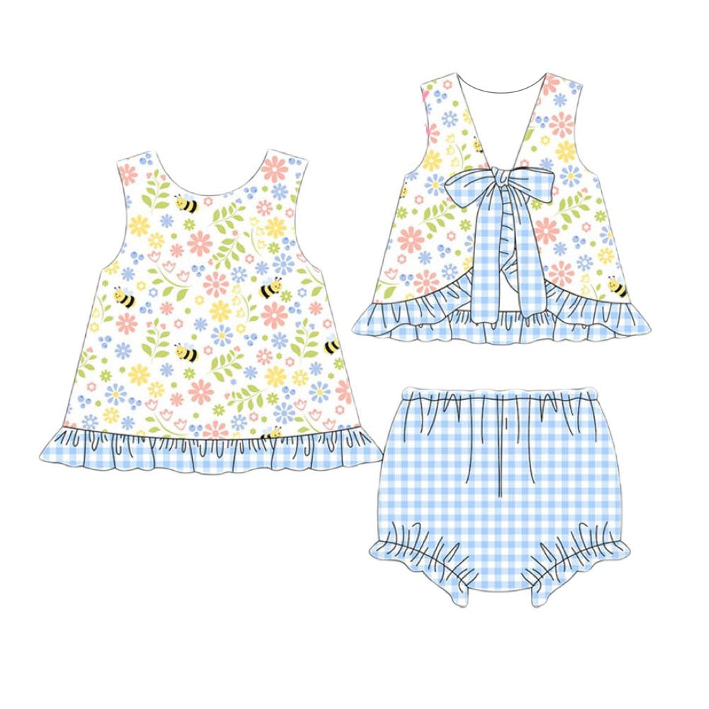 preorder GBO0491 Flowers Bee Sleeveelss Blue Checkered Girls Set