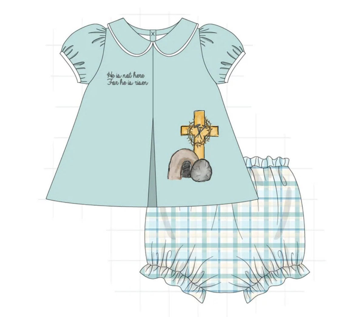 preorder GBO0492 Easter Cross He Is Not Here Short Sleeve Checkered Girls Bummies Set
