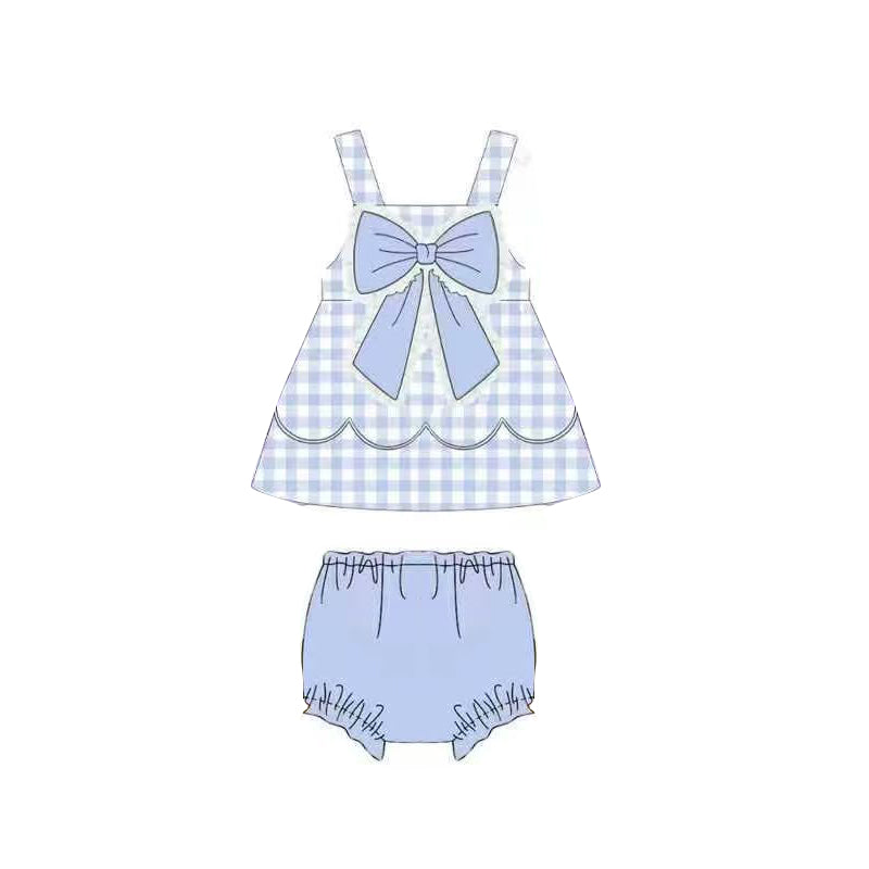 preorder GBO0516 Blue Checkered With Bow Girls Bummies Set