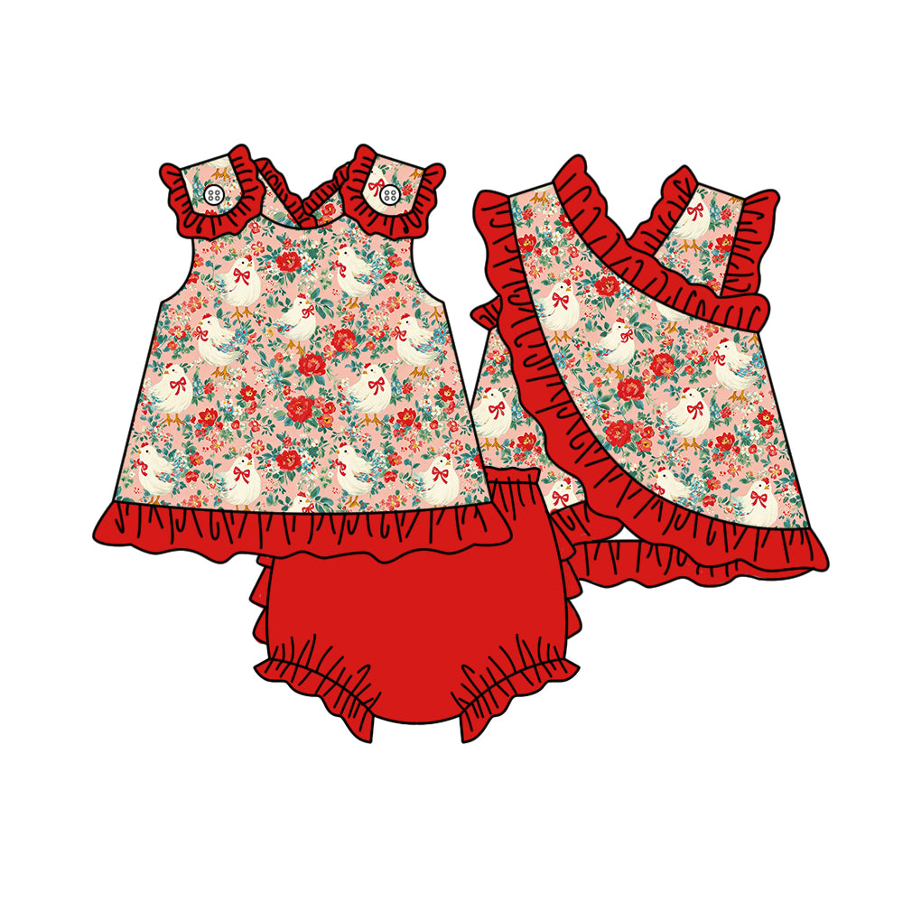 preorder GBO0526 Chick Flowers Red Sleeveless Girls Bummies Set