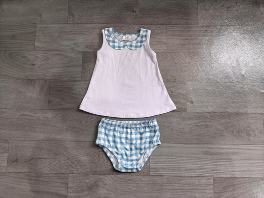 preorder Samples GBO0539 Peter Pan Collar Blue Short Sleeve Boys Bummies Set