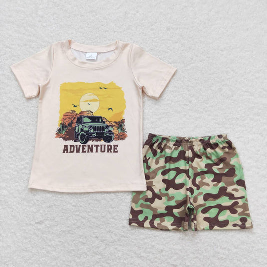 BSSO0314 Adventure truck short sleeve camo shorts boys set