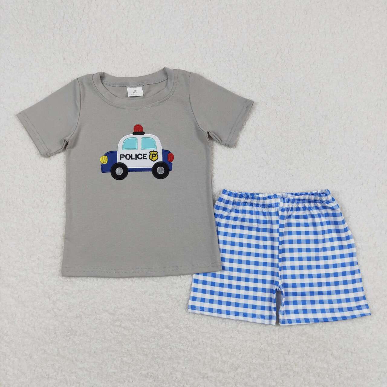 BSSO0566 embroidery Cute Police Car Grey Short Sleeve Blue Checkered Shorts Boys Set