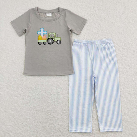 BSPO0194 Easter egg truck grey short sleeve blue striped pants boys set