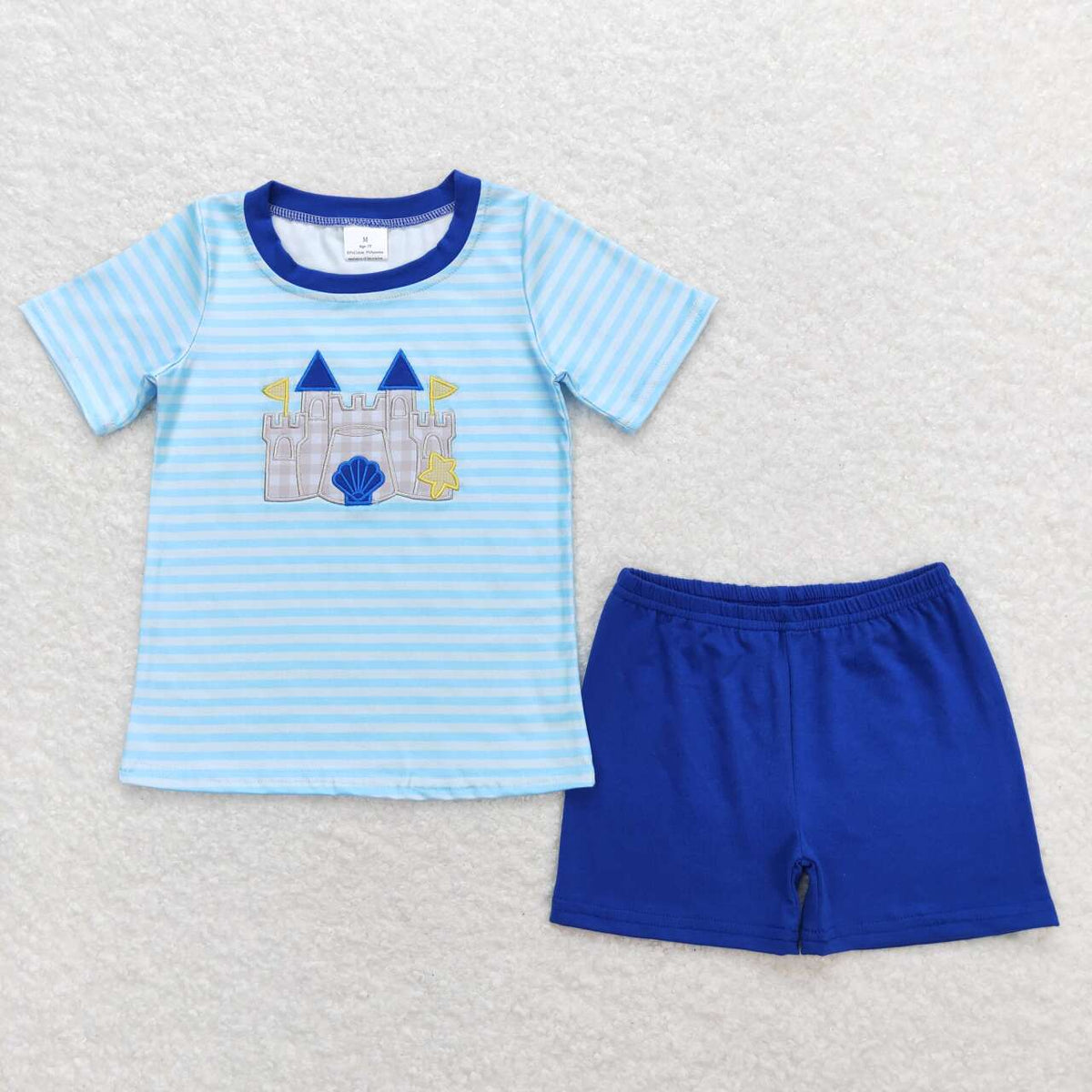 BSSO0747 embroidery beach castle blue striped short sleeve blue shorts boys set