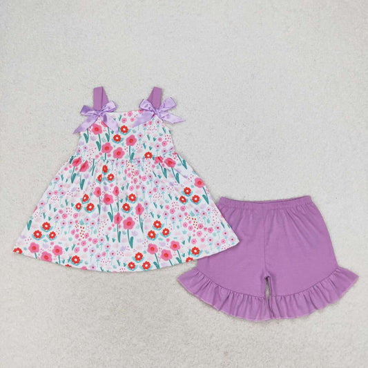 preorder GSSO0992 multi colorful flowers sleeveless purple shorts girls set