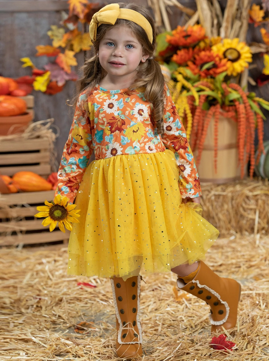 preorder GLD0221 Colorful Flowers Orange Long Sleeves Yellow Tutu Girls Dress