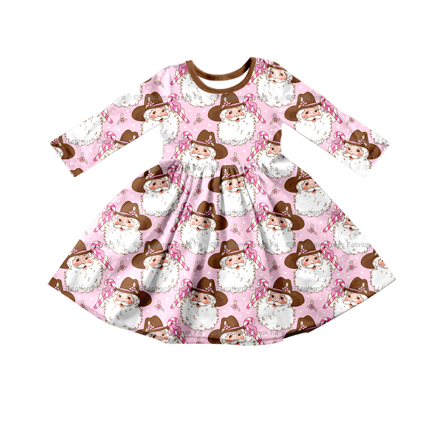 preorder GLD0236 Christmas Santa Claus Pink Long Sleeves Girls Dress