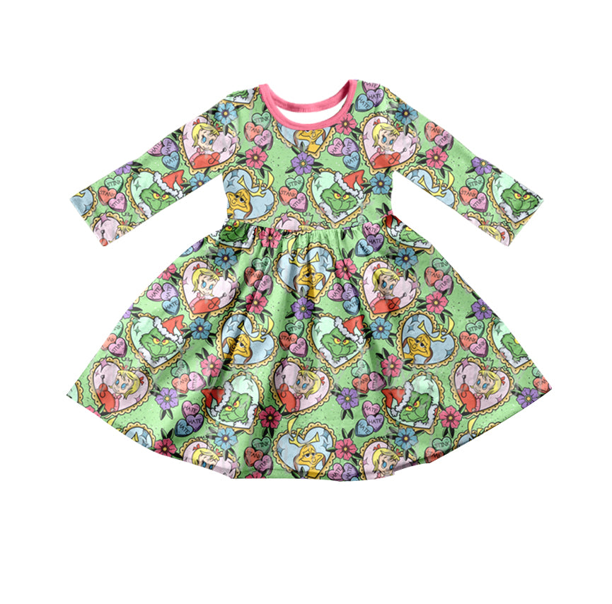 preorder GLD0242 Christmas Green Face Cartoon Little Girl Long Sleeves Dress