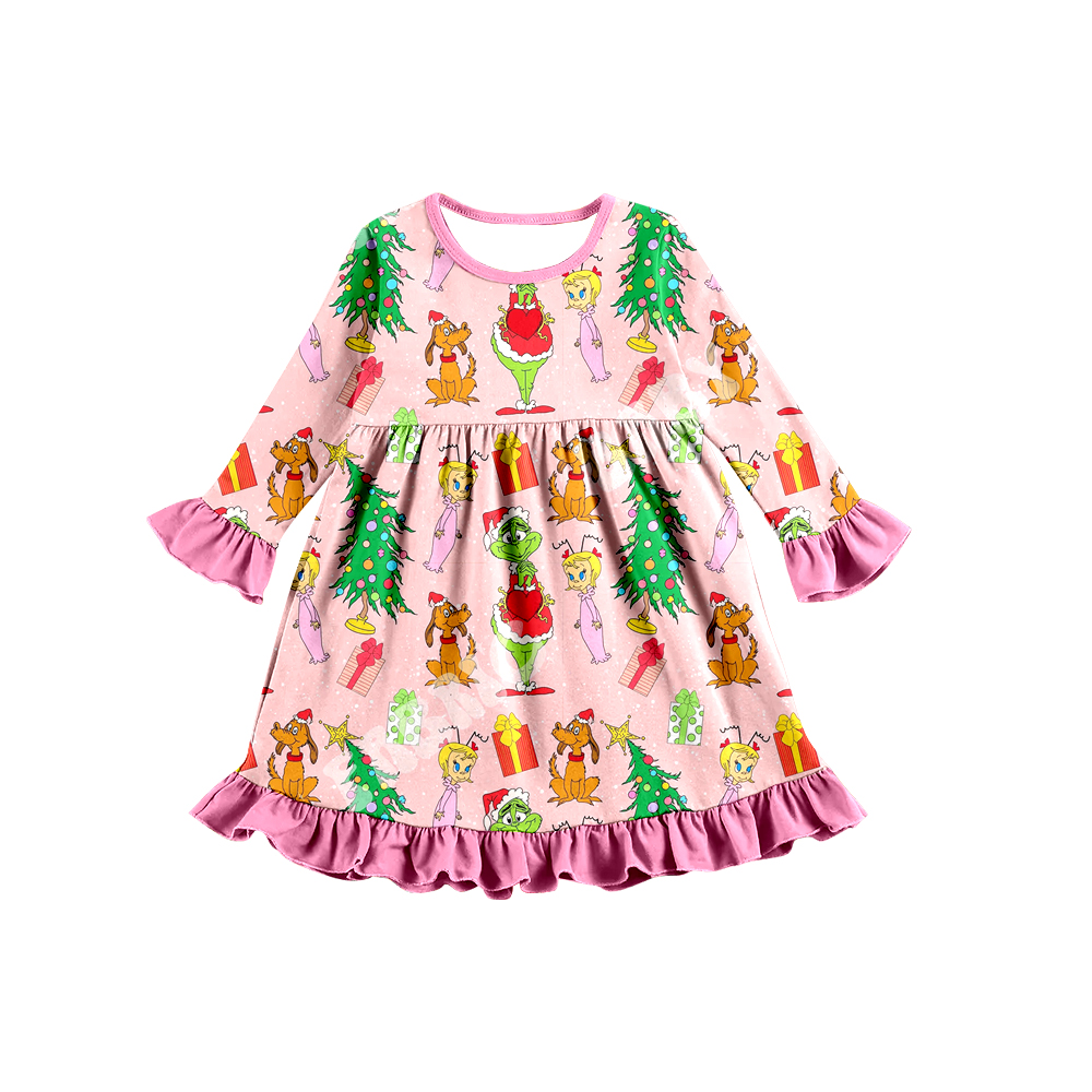 preorder GLD0256 Christmas Green Face Pink Long Sleeve Girls Dress