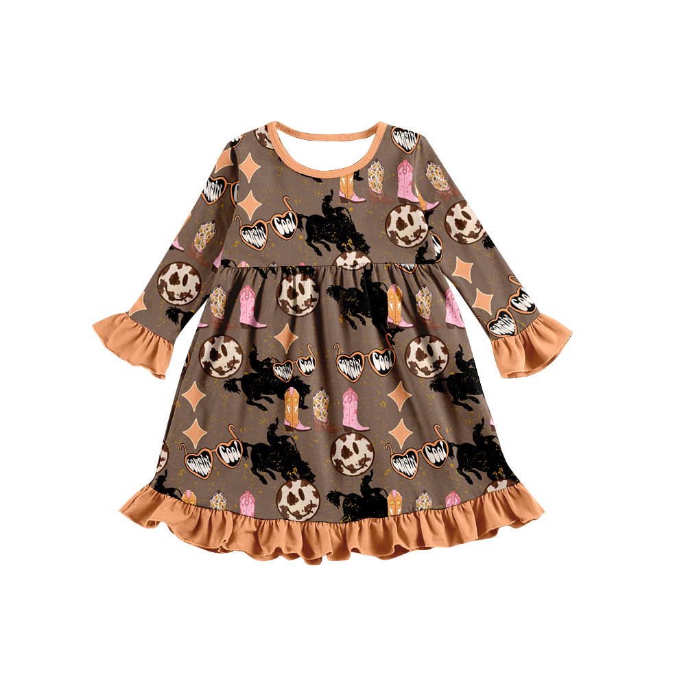 preorder GLD0277 Western Boots Brown Long Sleeve Girls Dress