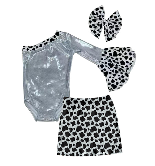 preorder GLD0278 Grey Single Sleeve Cow Print Skirt Girls Set