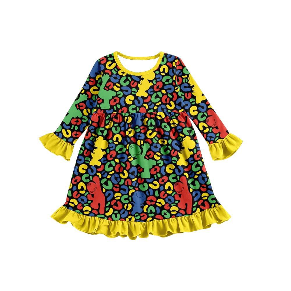 preorder GLD0281 Colorful Leopard Cartoon Yellow Long Sleeve Girls Dress