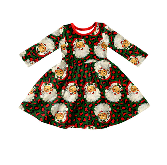 preorder GLD0285 Christmas Santa Claus Green Long Sleeve Girls Dress