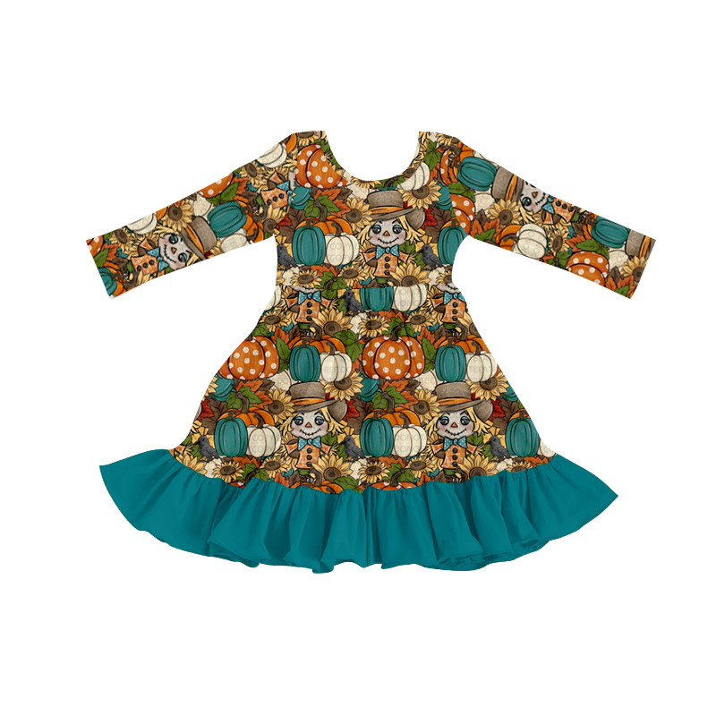 preorder GLD0294 Halloween Pumpkin Sunflowers Long Sleeve Girls Dress Kids Clothes