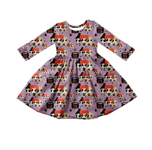 preorder GLD0298 Cartoon Purple Long Sleeve Girls Dress Kids Clothes